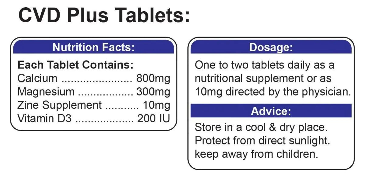 CVD Plus Tablets label showing calcium, magnesium, zinc, vitamin D3 supplement facts and dosage.