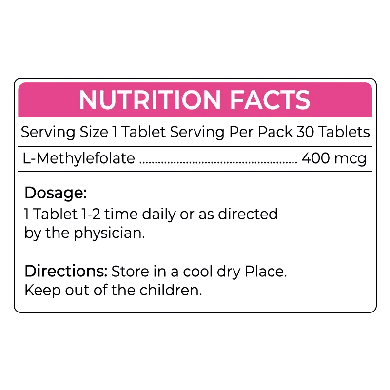 Phlox L-Methylfolate supplement nutrition facts label, 400mcg, 30 tablets, dosage instructions