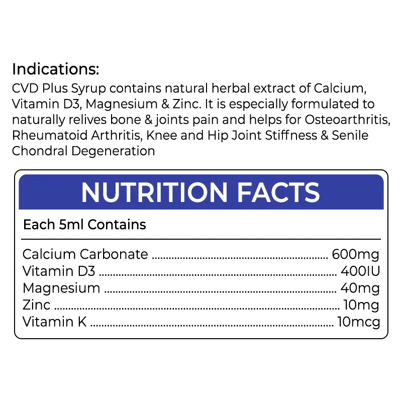 CVD Plus Syrup nutrition facts label with calcium, vitamin D3, magnesium, zinc, vitamin K from Phlox wellness supplements.