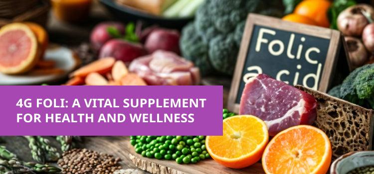 Fresh fruits, vegetables, meats, and a sign reading folic acid promoting health supplements