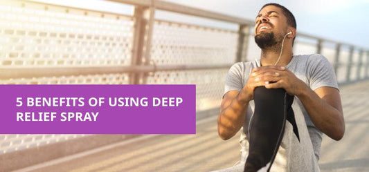 Man holding sore knee outdoors with text promoting deep relief spray benefits