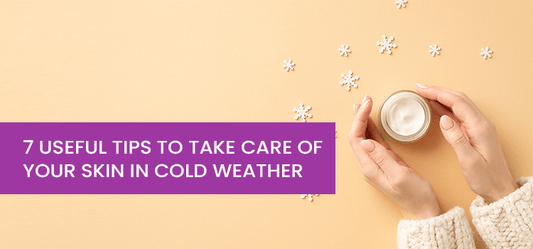 Hands holding moisturizer jar on peach background with snowflakes, skin care tips for cold weather