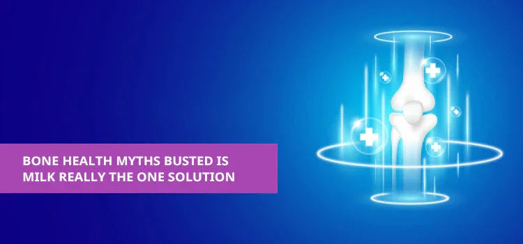 Bone health myths busted banner with glowing joint illustration, wellness and supplements theme