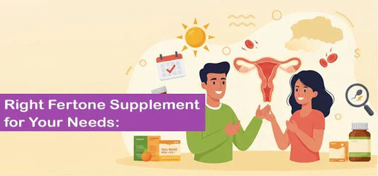 Two people discussing fertility supplements, uterus illustration, and supplement bottles, Phlox wellness.