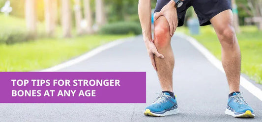 Man in athletic wear holding knee outdoors, text overlay 'Top tips for stronger bones at any age'.