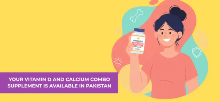 Smiling woman holding Phlox Vitamin D and Calcium supplement bottle, bright background, text: Your Vitamin D and Calcium combo supplement is available in Pakistan.
