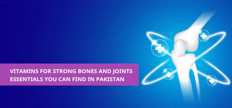 Illustration of a human knee joint with glowing health symbols and text about vitamins for strong bones and joints in Pakistan.