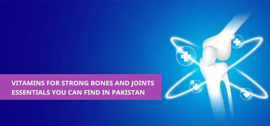 Illustration of a human knee joint with glowing health symbols and text about vitamins for strong bones and joints in Pakistan.