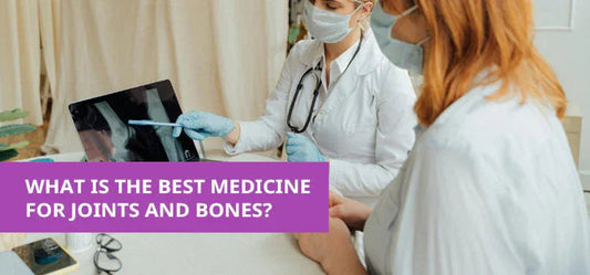 Doctor explaining joint and bone medicine options to a patient using an X-ray on a computer screen