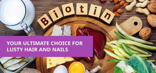 Biotin-rich foods like eggs, milk, nuts, and vegetables on a wooden board, Phlox wellness
