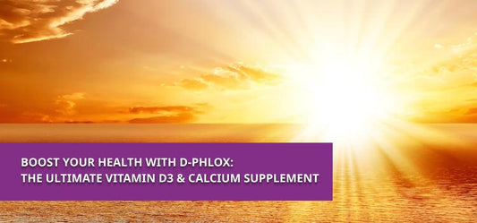 Bright sunrise over ocean with Phlox D3 and calcium supplement health message banner