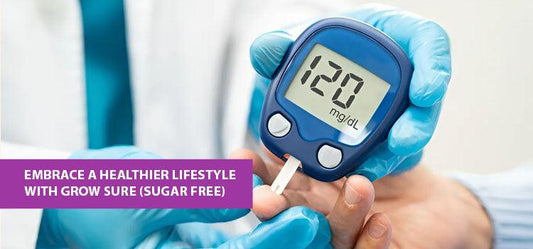 Gloved hands using a blood glucose monitor reading 120 mg/dL for healthy lifestyle wellness