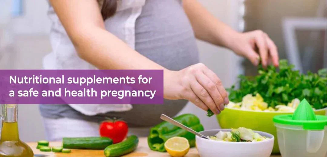 Pregnant woman preparing healthy salad with fresh vegetables in kitchen for Phlox wellness.