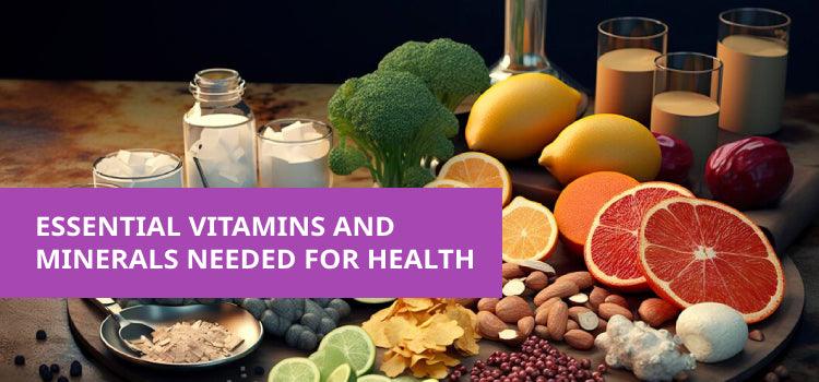 Assorted fresh fruits, vegetables, nuts, and supplements promoting essential vitamins and minerals.