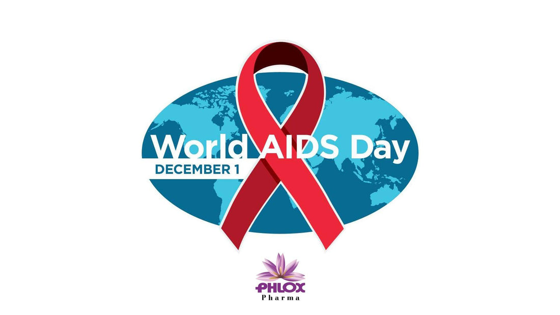 World AIDS Day graphic with red ribbon, blue world map, December 1, Phlox Pharma wellness logo
