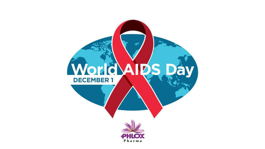World AIDS Day graphic with red ribbon, blue world map, December 1, Phlox Pharma wellness logo
